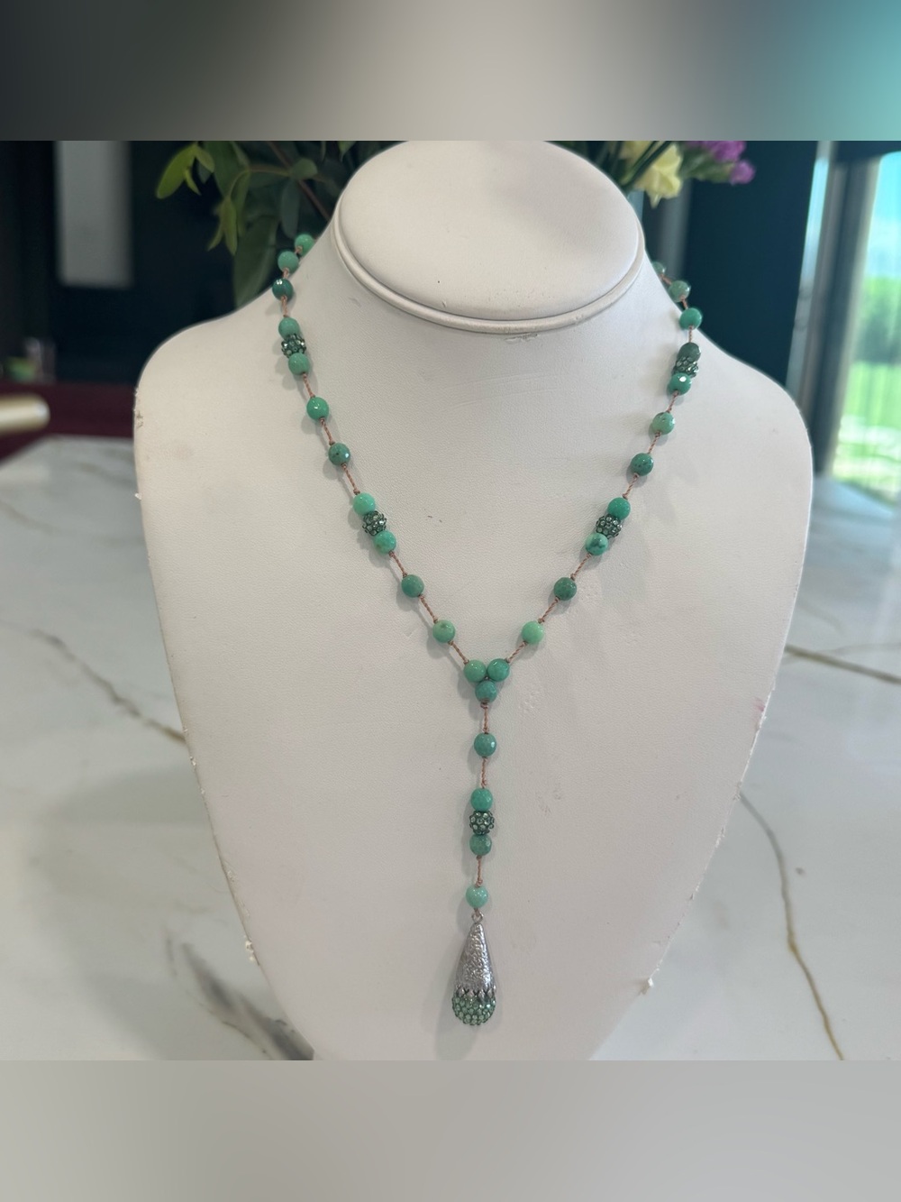 Hand knotted Peruvian opal and Swarovski crystal Y-Necklace.